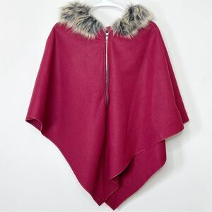 Women's Faux Fur Trim Hooded Quarter-Zip Poncho